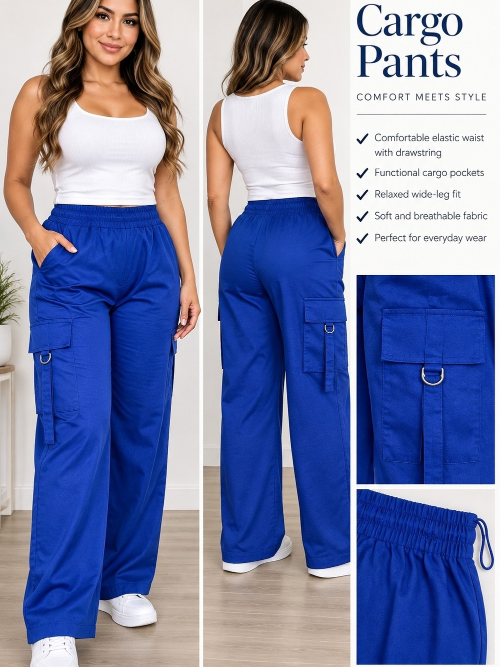 Wide Leg Cargo Pants - Royal Blue